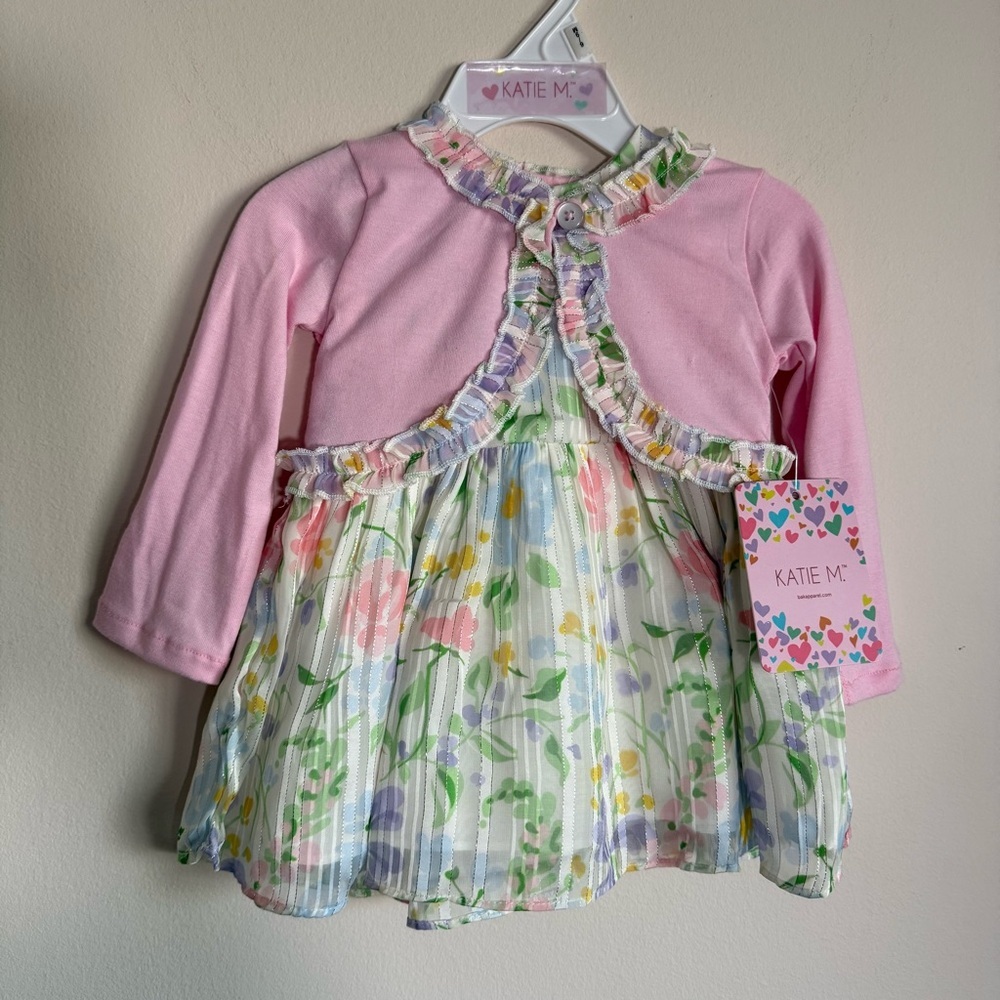NWT Katie M Baby Girl Floral Dress Pink Yellow w Cover Up Cardigan 6-9M Months